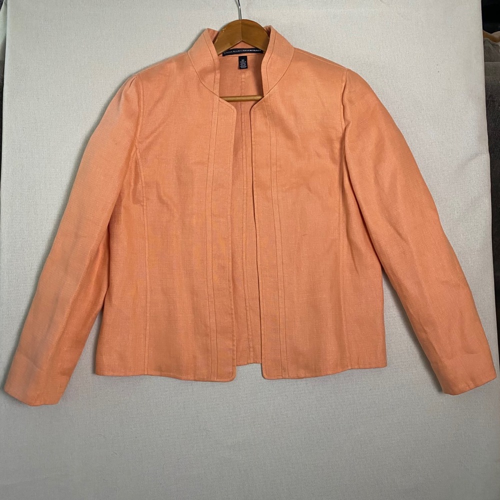 Linda‎ Allard Ellen Tracy Peach Linen Open Front Blazer Jacket Orange Sz 10